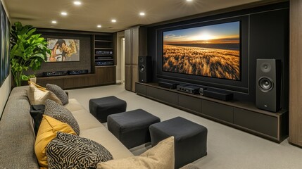 A modern home theater with a large screen, comfortable seating, and a sleek sound system.