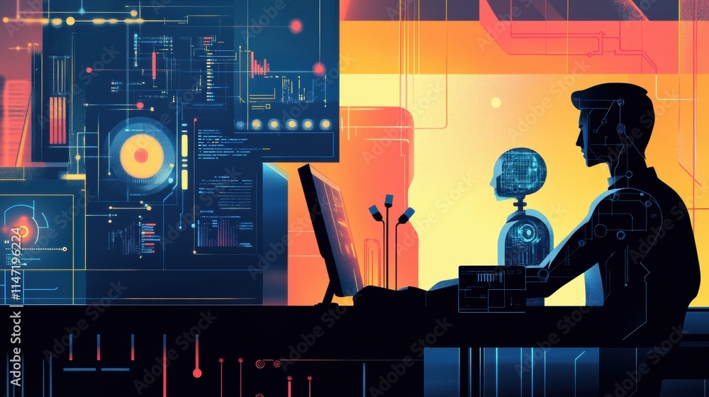 Poster Human and AI partnership enhances productivity through collaboration at a futuristic workspace. Generative AI