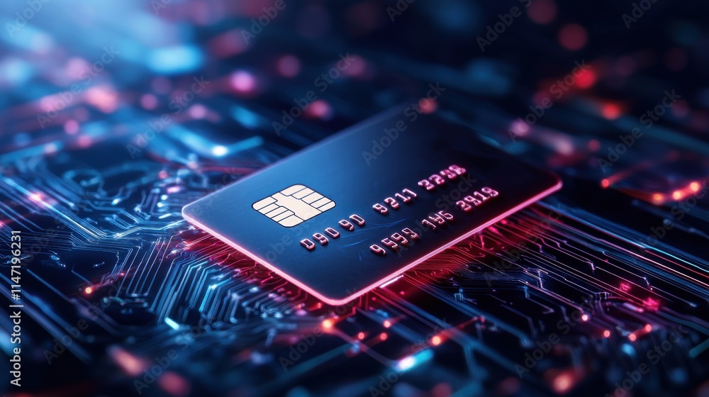 Poster futuristic digital payment card on circuit board background with neon lights and high tech design el