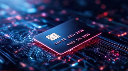 Futuristic Digital Payment Card on Circuit Board Background with Neon Lights and High Tech Design Elements