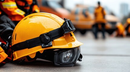 Fototapeta premium Safety Helmet and Goggles on Wet Surface with Emergency Rescue Team Working in Background