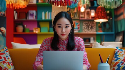 Fototapeta premium Young Asian Woman Engaged in Remote Work in a Colorful Office Space