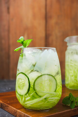 Shaved cucumber ice is a typical Indonesian drink, made from shaved cucumber, topped with syrup, basil and nata de coco. Ramadan food. Indonesian street food.