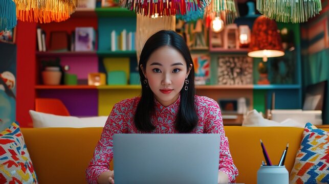 Young Asian Woman Engaged in Remote Work in a Colorful Office Space