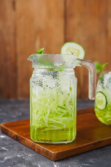 Shaved cucumber ice is a typical Indonesian drink, made from shaved cucumber, topped with syrup, basil and nata de coco. Ramadan food. Indonesian street food.