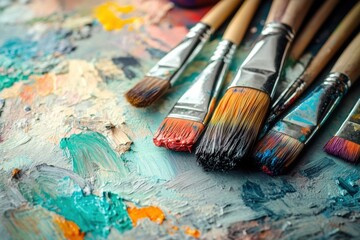 Fototapeta premium Vibrant artist brushes and colorful paints arranged on a textured canvas for creative expression and artistic exploration. Generative AI