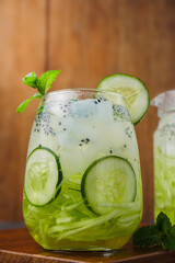 Shaved cucumber ice is a typical Indonesian drink, made from shaved cucumber, topped with syrup, basil and nata de coco. Ramadan food. Indonesian street food.