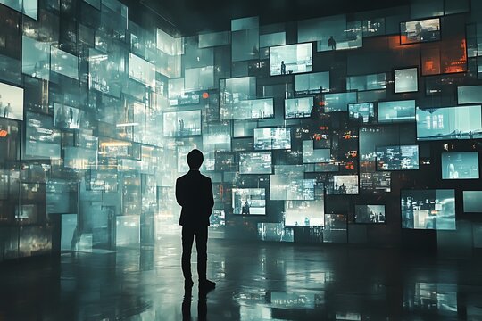 Man facing digital screens, information overload concept