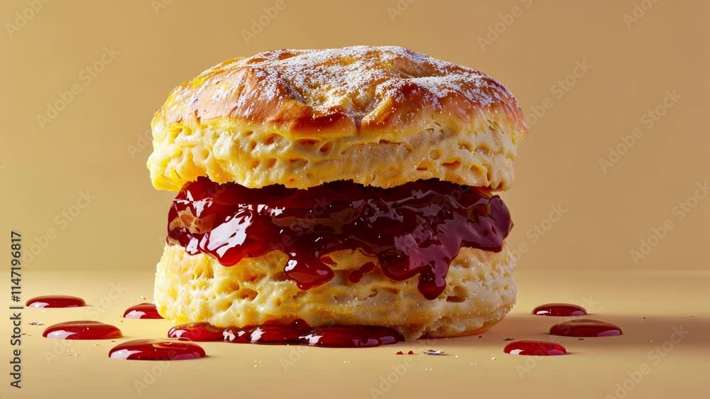 Poster a buttery scone with a tangy raspberry jam filling mirroring the strong flavor of the up and down qu