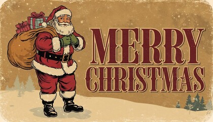 Vintage-inspired Christmas card featuring Santa Claus with a sack of gifts and "Merry Christmas" in bold typography