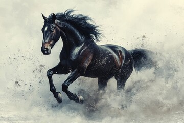Obraz premium A majestic black horse galloping through splashing water, showcasing strength and grace.