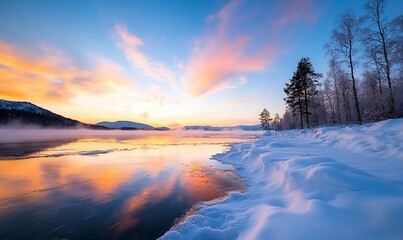 Colorful sunrise over snowy river and winter landscape.