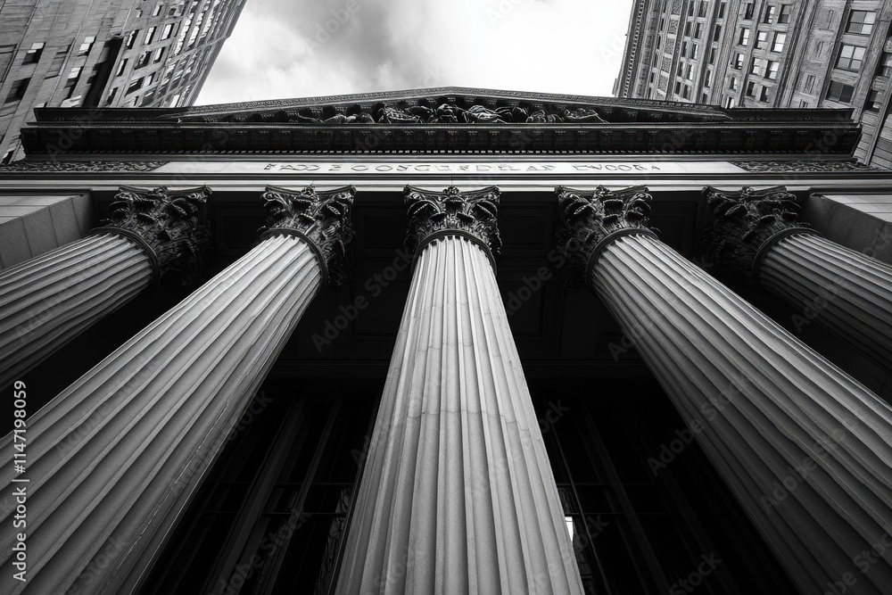 Poster a low-angle view of classical columns supporting a grand building facade in black and white.