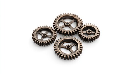 Four bronze cogwheels interlocked together on a white background.