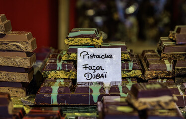 Artisanal Dubai chocolate with pistachios at Strasbourg Christmas Market, France