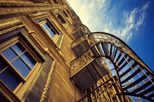 A low-angle view of a building's fire escape against a blue sky.