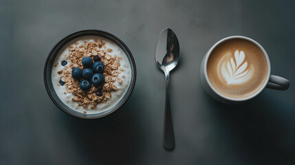 Fototapeta premium Gesunder Joghurt mit Beeren, Granola und einer Tasse Kaffee
