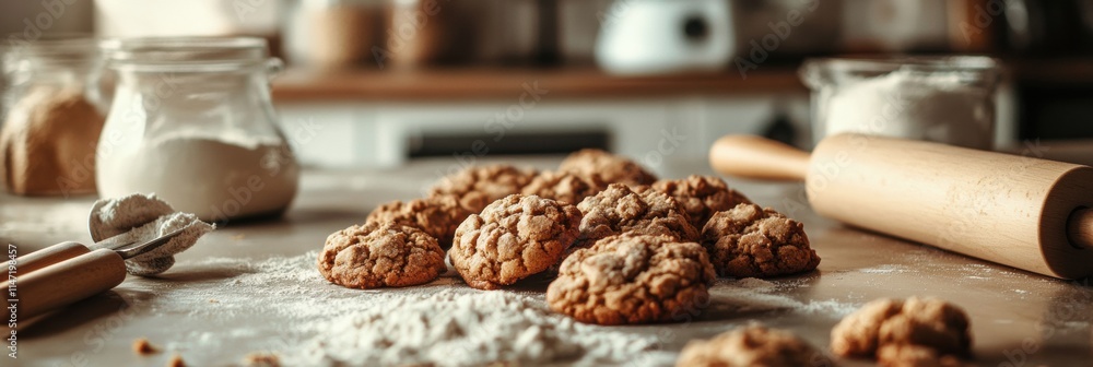 Poster Freshly baked cookies on a rustic kitchen counter with flour and rolling pin nearby creating a cozy baking atmosphere. Generative AI