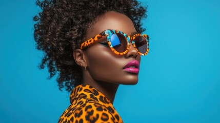 A young woman with dark skin and curly hair is wearing a leopard print top and large sunglasses. She is looking off to the side. The background is blue.