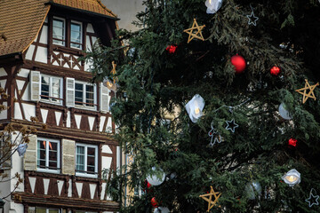 The Great Christmas tree Strasbourg, France, half-timbered house in background