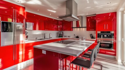 A modern kitchen with red cabinets, a white countertop, and black bar stools.