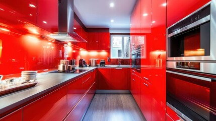Modern kitchen with red cabinets, stainless steel appliances, and a grey countertop.