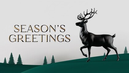 Elegant black-and-gold Christmas card featuring 3D reindeer silhouette and luxurious "Season's Greetings" text