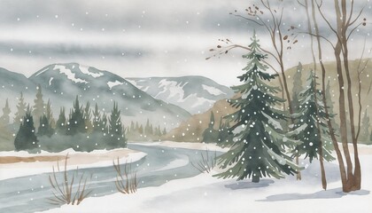 Hand-painted watercolor Christmas card depicting winter landscape with river and snowfall