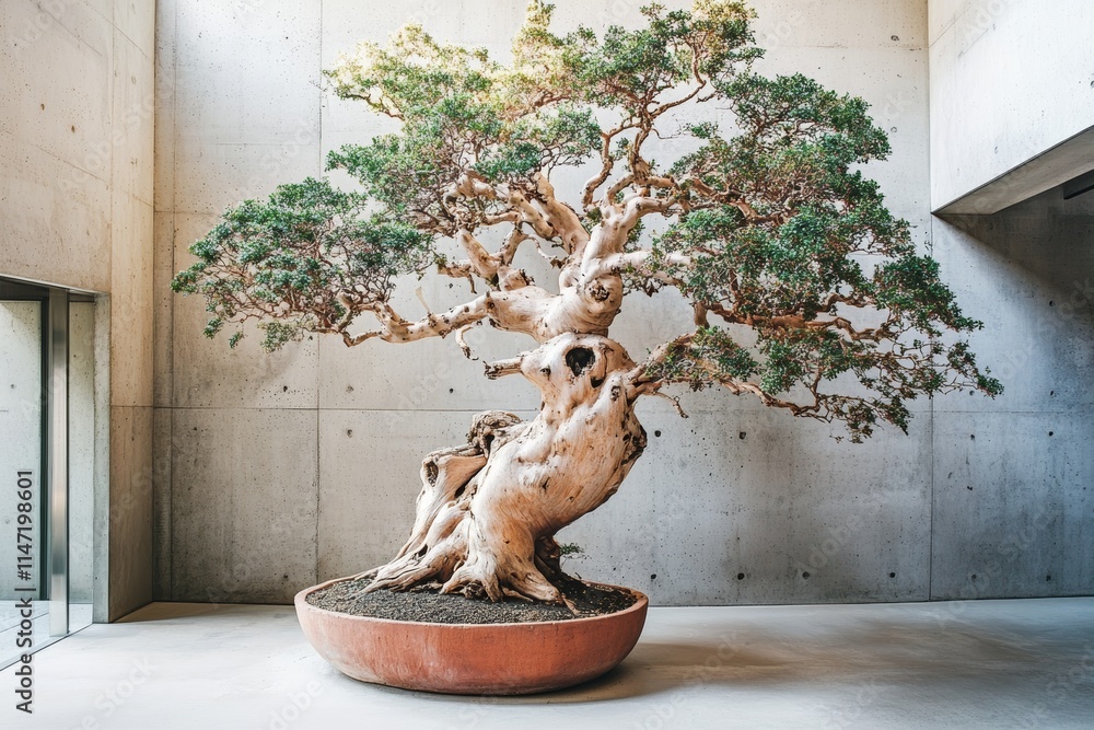 Poster a large bonsai tree displayed in a minimalist indoor space with concrete walls.