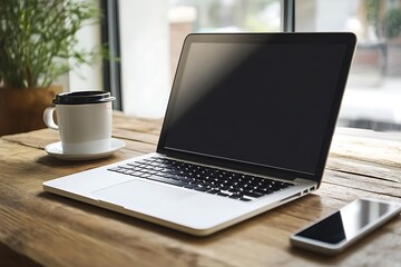 Laptop, Coffee, and Phone on Wooden Desk