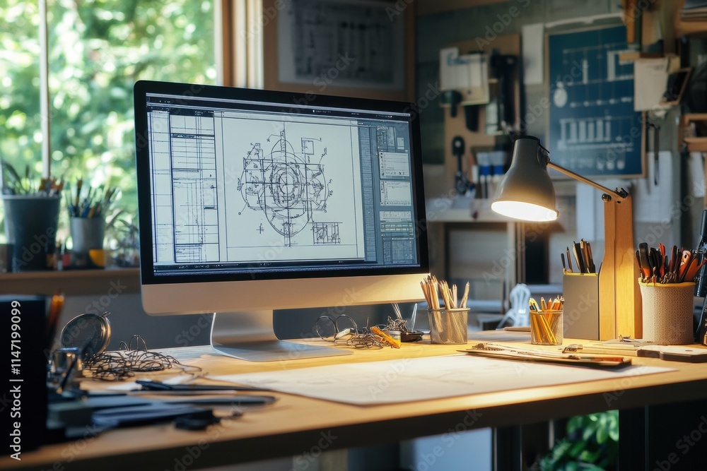Leinwandbilder Detailed view of a modern engineering desk showcasing a workspace filled with design tools and digital screens. Generative AI