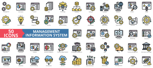 Management information system icon collection set. Containing cloud computing, integration, data, technology, database, software, hardware, network icon. Simple flat outline vector illustration. © Uniconlabs