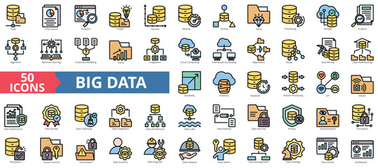 Big data icon collection set. Containing database, information, analytics, insight, volume, velocity, variety, value, processing, storage icon. Simple flat outline vector illustration.