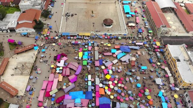 Aerial drone view flyby above the Central Market in San Juan Chamula - the authentic town in Chiapas, Mexico