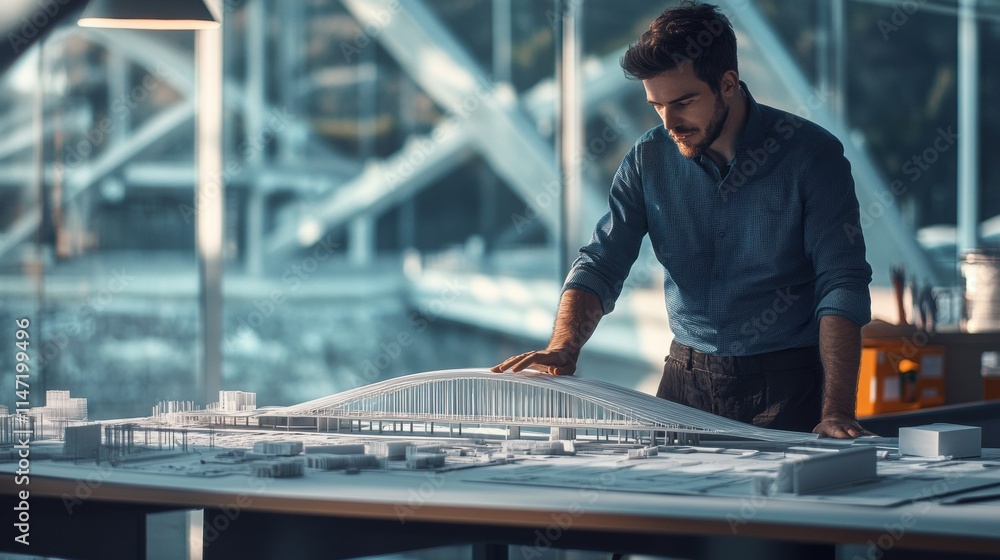 Poster civil engineer evaluates bridge model in design studio during daylight hours. generative ai