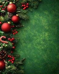 Green Christmas background with candy canes and branches