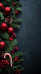 Blue Christmas background with candy canes and branches