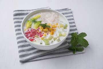 Mixed Ice, made from gelatin, tapioca pearls, ice, young coconut, sugar syrup, mixed fruit and coconut milk or milk. hemp during the month of Ramadan. Indonesian street food.