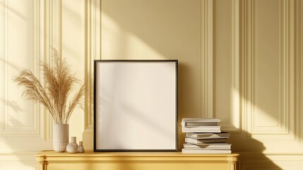 Mock-up frame standing on a commode in a pale yellow home interior close up, displaying a stack of books, 3D render
