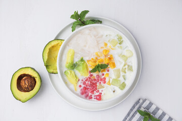 Mixed Ice, made from gelatin, tapioca pearls, ice, young coconut, sugar syrup, mixed fruit and coconut milk or milk. hemp during the month of Ramadan. Indonesian street food.