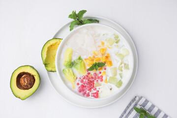 Mixed Ice, made from gelatin, tapioca pearls, ice, young coconut, sugar syrup, mixed fruit and coconut milk or milk. hemp during the month of Ramadan. Indonesian street food.