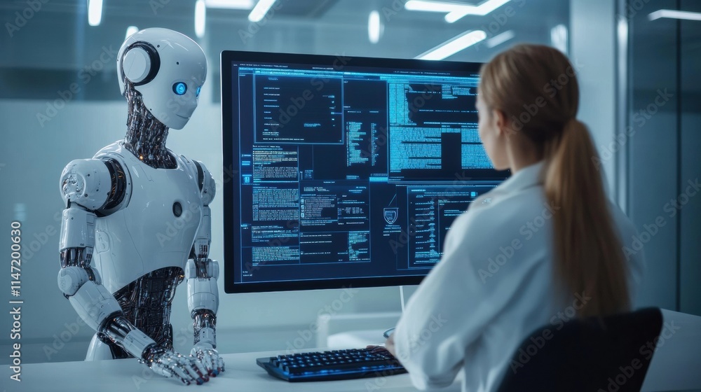 Aufkleber Collaboration between human and AI on advanced data analysis in a modern workspace. Generative AI
