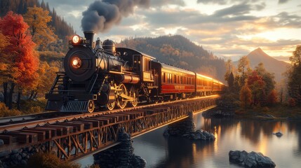 Historic steam train crossing a wooden bridge near a serene lake surrounded by autumn foliage at sunset