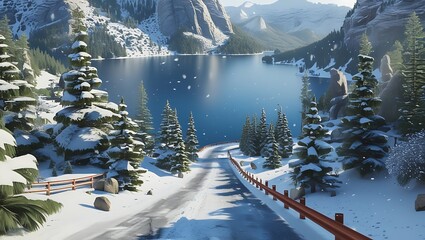 Winter season with mountain and lake views