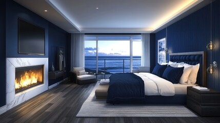 Fototapeta premium Luxury hotel suite bedroom, panoramic ocean view, deep blue accents, cozy fireplace, plush king-sized bed 
