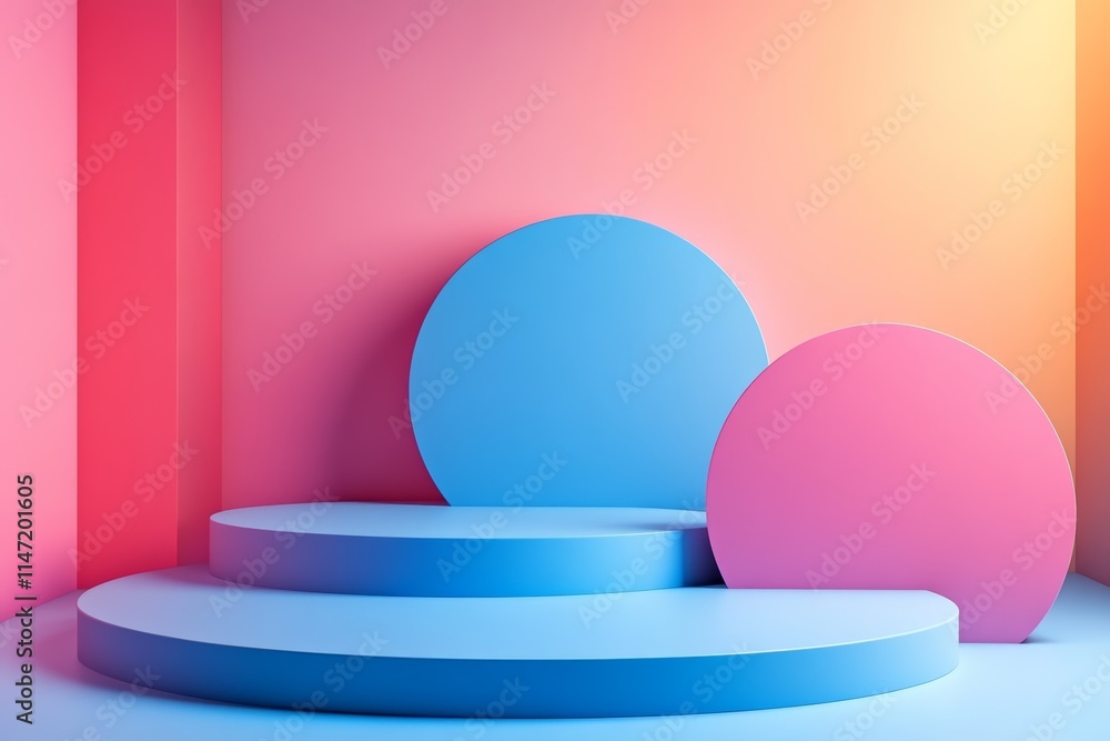 Poster a minimalist setting featuring blue and pink circular shapes on steps against a gradient background.