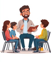 A man reads to a group of children seated in a circle, promoting storytelling and engagement.