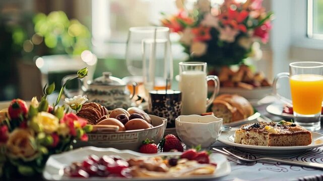 Soft focus on a charming brunch setup with delicate details and inviting aromas filling the frame.