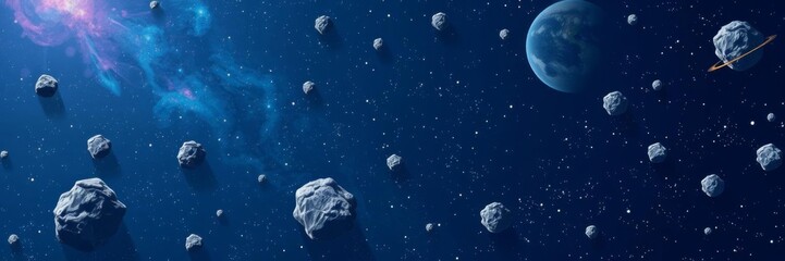 Pixel art space background with planets, stars, and asteroids in vector illustration, technology,...