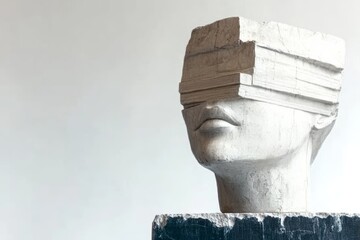A sculpted head with layered blocks obscuring the eyes, symbolizing perception and clarity.